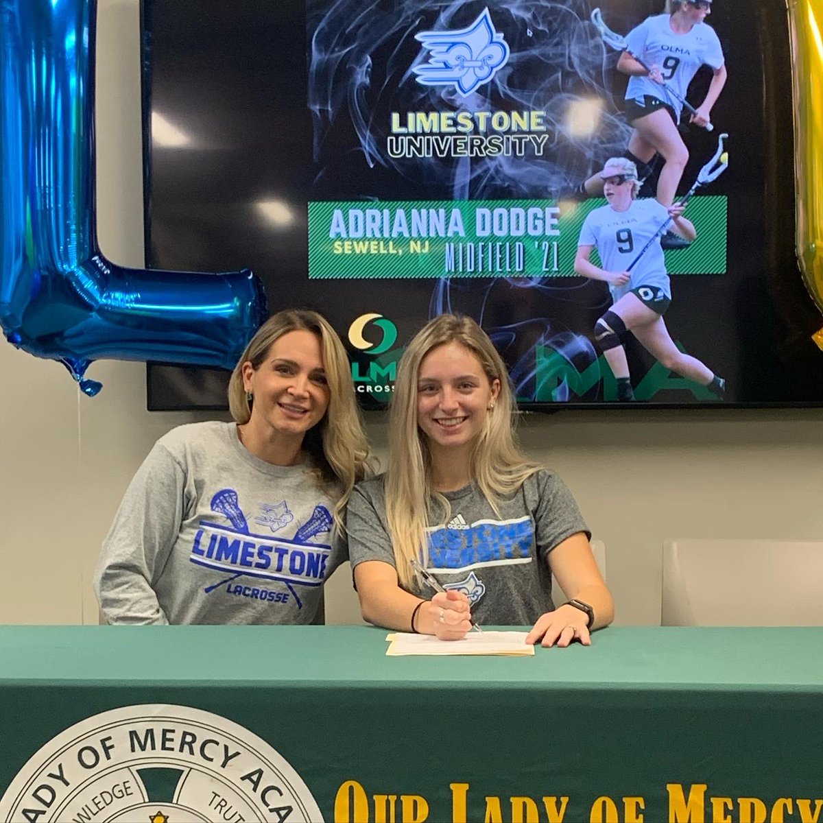 villagerslax's tweet photo. It was an NLI signing day celebration yesterday for #OlmaLacrosse. Congratulations to 2021 midfielder Adrianna Dodge and family! @Limestonewlax https://t.co/ydkxjI5EHL