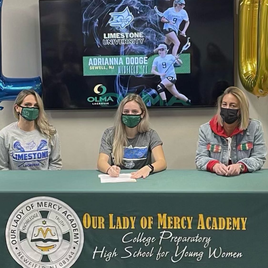 villagerslax's tweet photo. It was an NLI signing day celebration yesterday for #OlmaLacrosse. Congratulations to 2021 midfielder Adrianna Dodge and family! @Limestonewlax https://t.co/ydkxjI5EHL