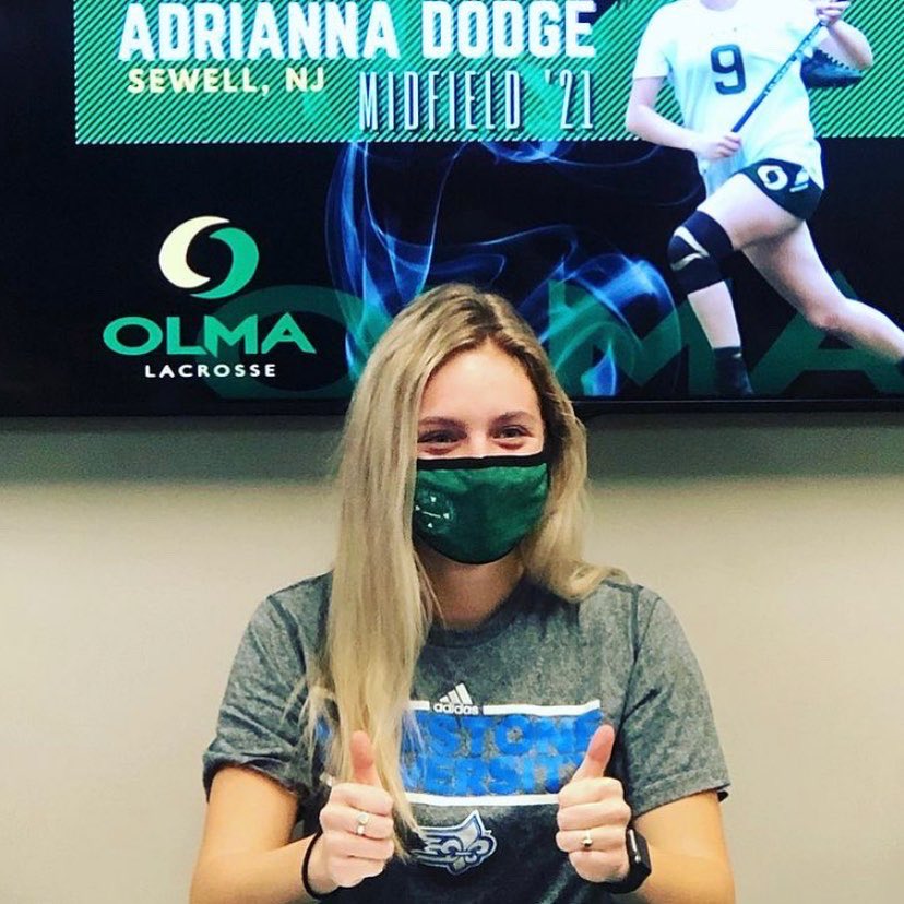 villagerslax's tweet photo. It was an NLI signing day celebration yesterday for #OlmaLacrosse. Congratulations to 2021 midfielder Adrianna Dodge and family! @Limestonewlax https://t.co/ydkxjI5EHL