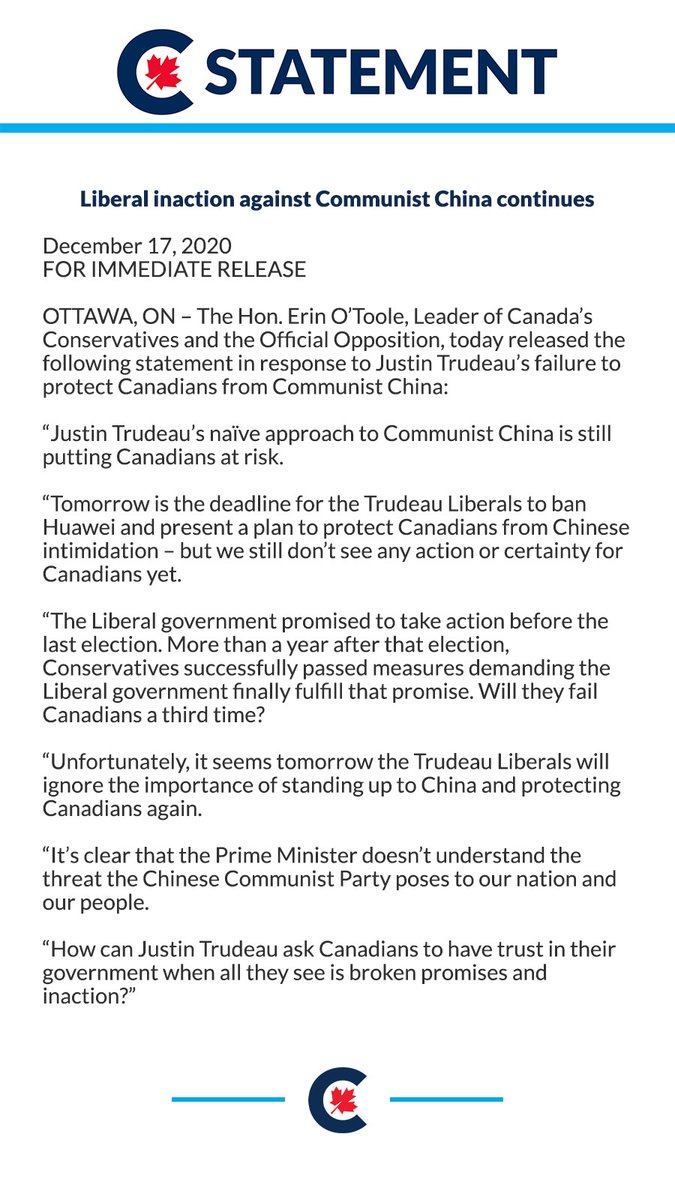 erinotoole's tweet image. Tomorrow is the deadline for Justin Trudeau to ban Huawei and present a plan to protect Canadians from Chinese intimidation.

Where is the action?