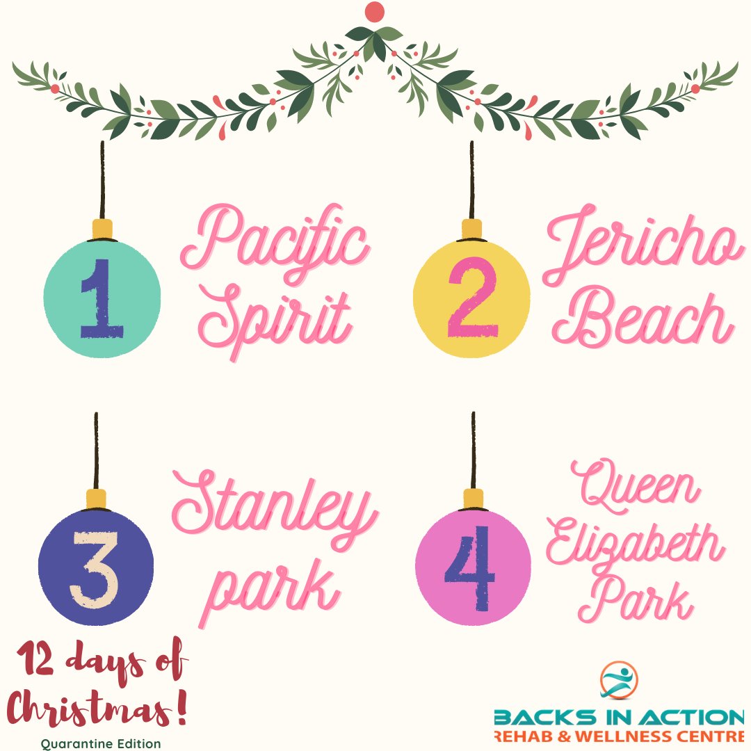 BacksinAction's tweet photo. DAY 4: Local Parks To Visit
"I really enjoy the outdoors, and with the restrictions, My favourite four parks are Pacific Spirit, Stanley park/seawall, Jericho beach & Queen Elizabeth Park. - Corinne Cote (RMT)
#backsinaction #12daysofchristmas #healthyholidays https://t.co/iaa8RyQaPo