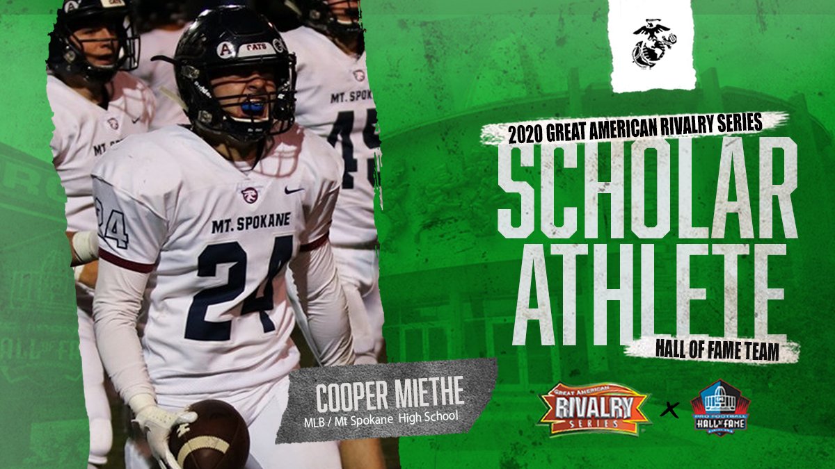 AmericanRivalry's tweet photo. Congratulations to Cooper Miethe from Mt Spokane High School on being selected to the inaugural Great American Rivalry Series πΎππππππ π¬ππππππ Hall of Fame team. #SAHOF20
@ProFootballHOF | @USMarineCorps https://t.co/h8V9YgUzfG