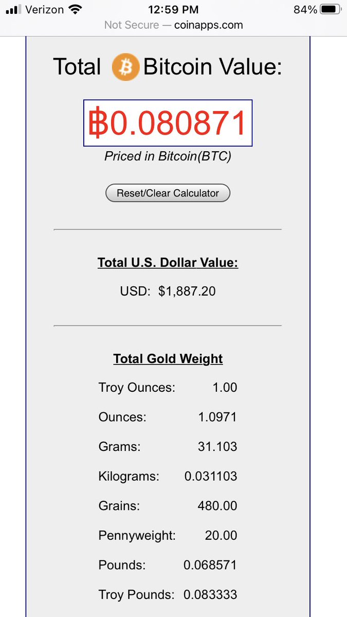 WalletWorks's tweet photo. Your Troy Ounce of gold will get you this much Bitcoin right now. What would you do with all that? #WDYK https://t.co/LiSfaHNWsv