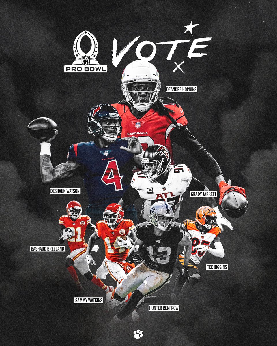 ClemsonFB's tweet photo. RT to vote our Tigers into the #ProBowl 

1 RT = 1 VOTE ‼️

@DeAndreHopkins + #ProBowlVote 
@deshaunwatson + #ProBowlVote 
@GradyJarrett + #ProBowlVote 
@Bree2Land6 + #ProBowlVote
@sammywatkins + #ProBowlVote
@renfrowhunter + #ProBowlVote
@teehiggins5 + #ProBowlVote https://t.co/xviJpOGW9f