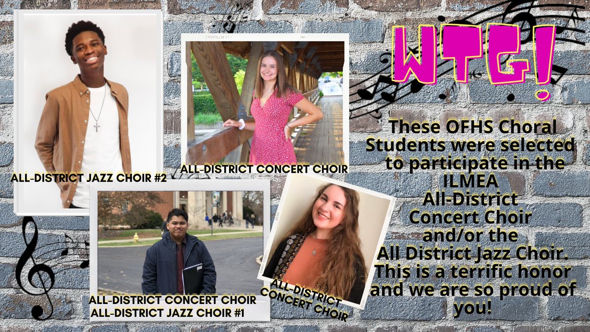 ExperienceOFHS's tweet photo. Congrats to our 4 students that were selected either for the @ILMEA1 All-District Concert Choir or Jazz Choirs. These elite performers battled it out amongst 3,000 students JUST in our area to make it into one of these ensembles! #choirensemble #OFFinearts #TheBengalWay https://t.co/JMlt7xYABp