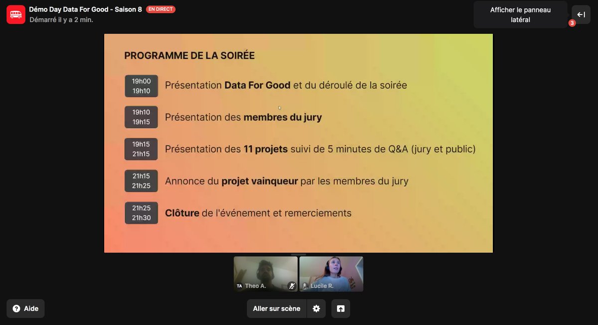 DEMO DAY - Data For Good - Saison 8, c'est parti ! 🔥🚀
Aux manettes pour piloter la soirée Théo Alves &amp; Lucile Ritchie !

Au programme : 
12 porteurs de projets, 
12 présentations des réalisations co-réalisées avec nos bénévoles et 
1 jury pour un projet vainqueur ! 🏆