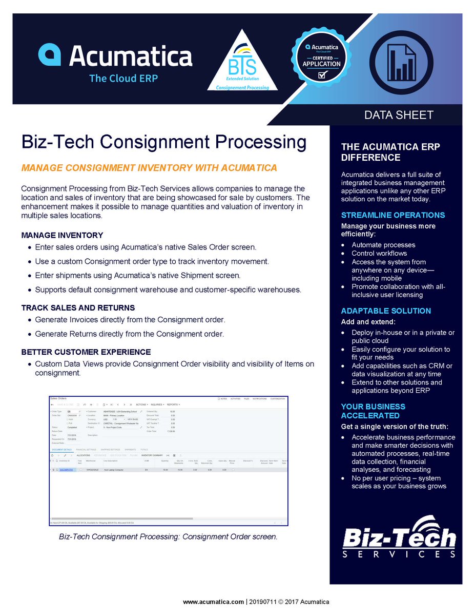 BizTechServices's tweet image. Biz-Tech Services consignment processing #acumatica #enhancement allows companies to manage inventory that is stored with a customer but owned by the company.
The enhancement makes it possible to track and manage quantities and valuation of inventory in multiple sales locations.