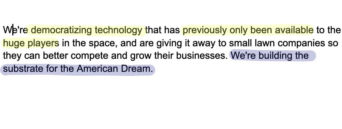 Lawn Love - a marketplace to match lawn care providers w/ customers. How could this be an interesting story? The founder Jeremy Yamaguchi sets it up perfectly with "Lawn pros were this last bastion of pens and paper." Then he uses the context of building the American Dream.