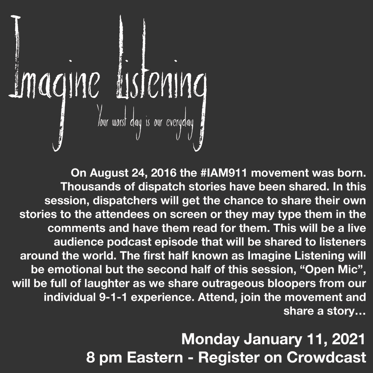 Imagine Listening is back for a virtual session in January and coins and pins will be available. I hope to see you there. #IAM911
crowdcast.io/e/imagine-list…