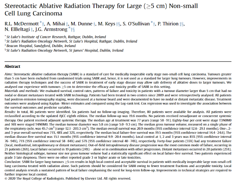 An Irish group shares what happened to their patients who were treated with SBRT for T3 and T4 NSCLC measuring up to 9 cm. I wonder if <a href="/gerryhanna/">Gerry Hanna</a> knows any of these folks. 🇮🇪 #radonc #lcsm sciencedirect.com/science/articl…