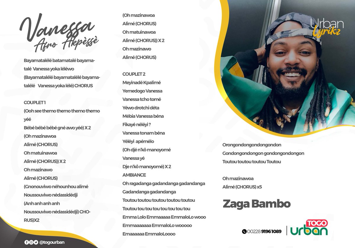 TogoUrban's tweet photo. Zaga Bambo _ Vanessa Afro Akpèssè  (Lyrics)

Lyrics Vidéo disponible 👇🏽👇🏽 👇🏽
https://t.co/ad549oeyMj 

#Togourban #Zagabambo #VanessaAfroAkpesse #TT228 https://t.co/AmV9MxdBJ8