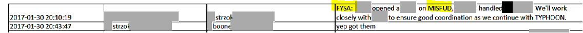 27/ by Jan 30, in a text beginning "FYSA", they state that they had already opened some sort of surveillance on Mifsud. (Recall that Mueller lied to court that Papadop's false statement had had material impact on investigation.) Pap lies, but so did Mueller.