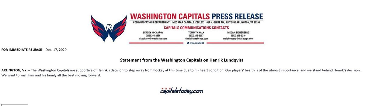 Statement from the <a href="/Capitals/">Washington Capitals</a>:

 The Washington Capitals are supportive of Henrik's decision to step away from hockey at this time due to his heart condition.......
<a href="/wusa9/">WUSA9</a> <a href="/WUSA9sports/">WUSA9 Sports</a>