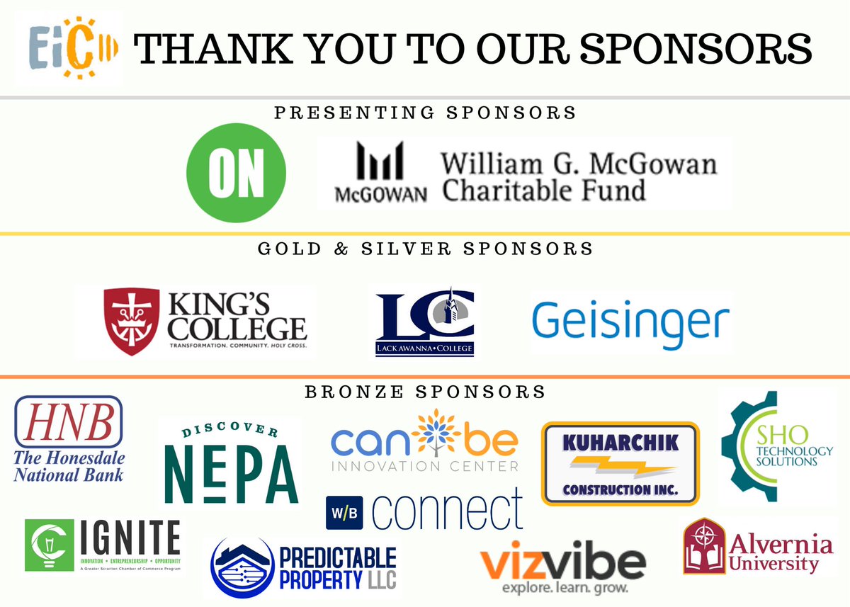 tecBRIDGE1's tweet photo. Now that the hustle of our EI event is over. We should like to take a moment to thank our sponsors for their continued support in tecBRIDGE's mission of promoting entrepreneurship and innovation in NEPA!
#tecbridge #tecbridgenation #createcommunity #innovatenepa #nepa #sponsor https://t.co/8s03RBzfrU
