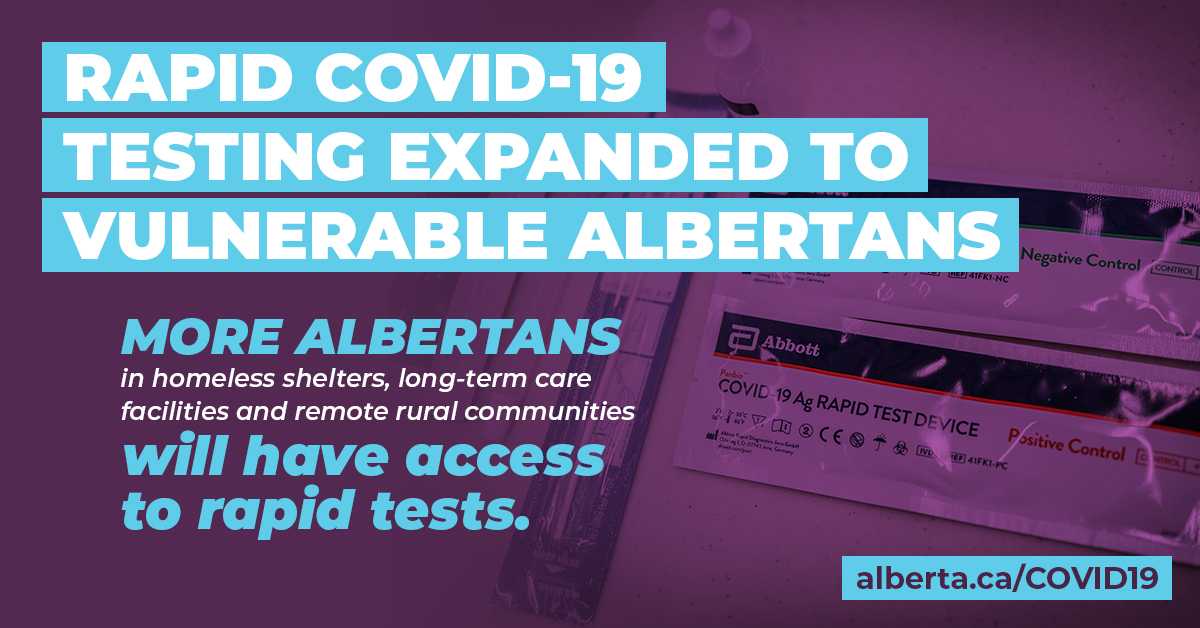 Starting tomorrow rapid testing in Alberta is being expanded to long-term care and designated supportive living facilities.Rapid tests help identify cases of  #COVID19AB faster, so the infected person can isolate sooner, and reduce the risk that they’ll infect others. 1/5