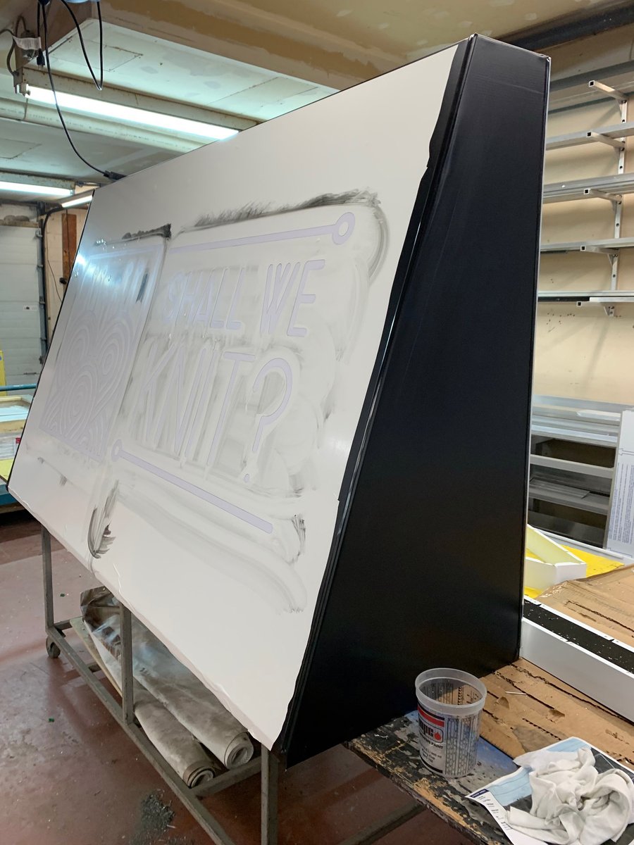 Step 3: Apply a vinyl mask to protect the awning material, leaving certain elements exposed for...Step 4: Eradication! We apply a chemical to remove the colour of the material turning it white. This better allows for light to pass through, making the perfected illuminated awning