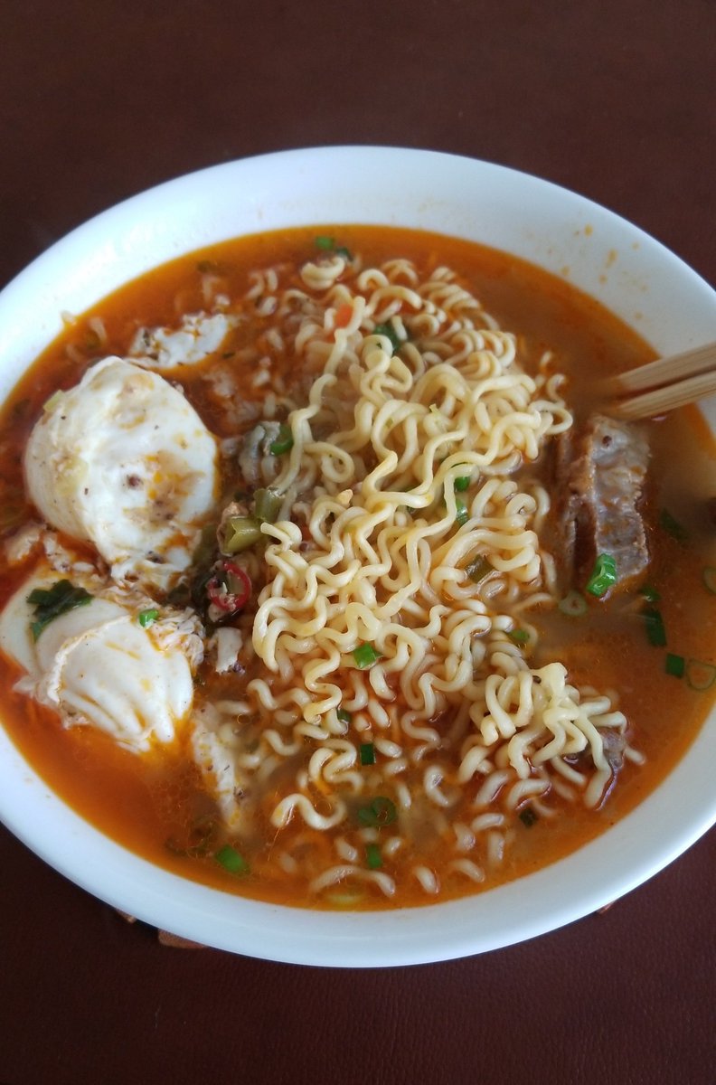 nightariac's tweet photo. When its super cold and I'm getting over a sinus infection and I REALLY miss @BTS_twt and they're synonymous with ramen...tasty results 😋🍜 #SmallComforts https://t.co/mAZ8lav4JB