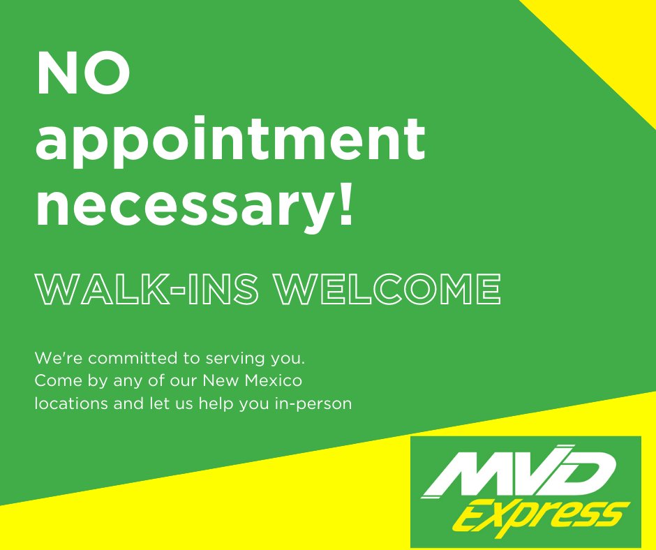 Please retweet! WE ARE OPEN!

If you need help with MVD services in New Mexico, please stop by one of our 11 NM locations, and let us help you! 

mvdexpress.com