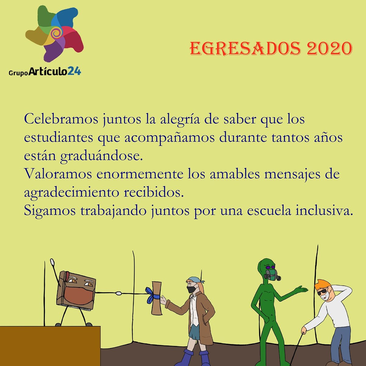Art24Inclusion's tweet image. Celebramos juntos la alegría de saber que los estudiantes que acompañamos durante tantos años están graduándose. Valoramos enormemente los amables mensajes de agradecimiento recibidos. Sigamos trabajando juntos por una escuela inclusiva.