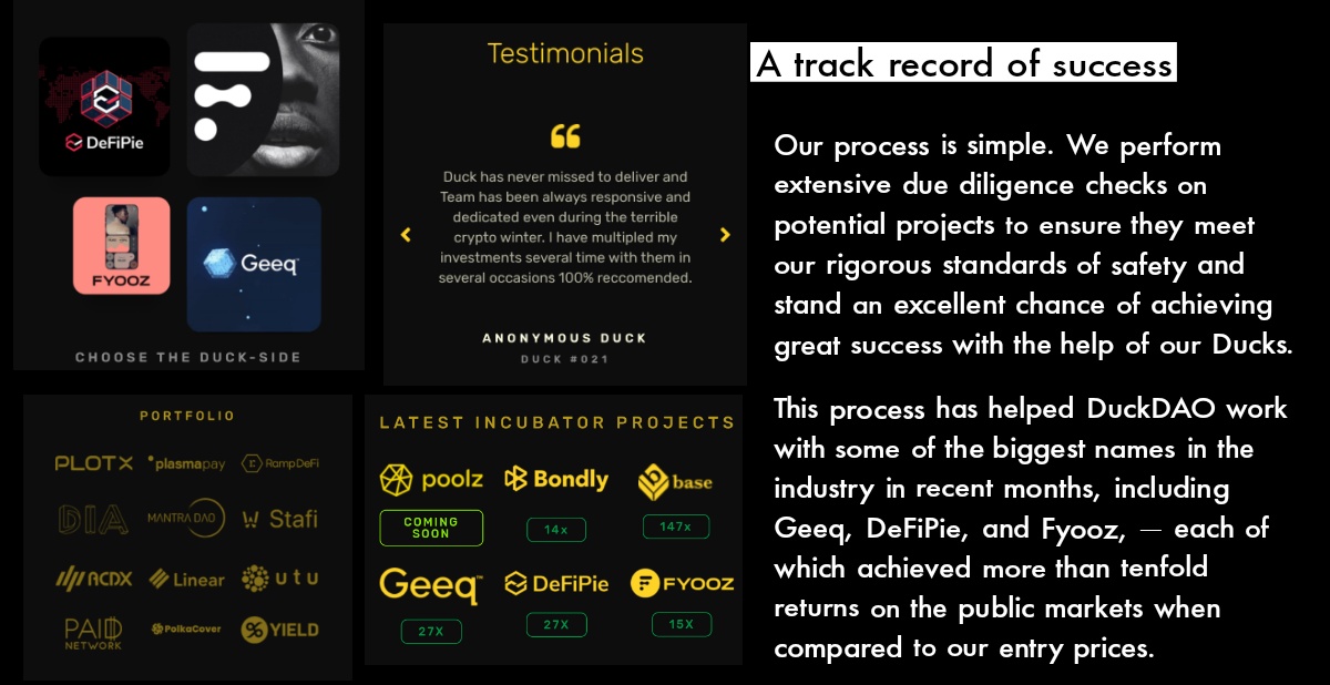  $DUCK | TRACK RECORD @dao_duck have incubated a series of top-tier projects -  @BaseProtocol  @GeeqOfficial  @defipiepie  @fyoozapp - and delivered 𝘁𝗲𝗻𝗳𝗼𝗹𝗱 𝗿𝗲𝘁𝘂𝗿𝗻𝘀 to investors.1 VC or 1000 ducks?Check these serious gains 