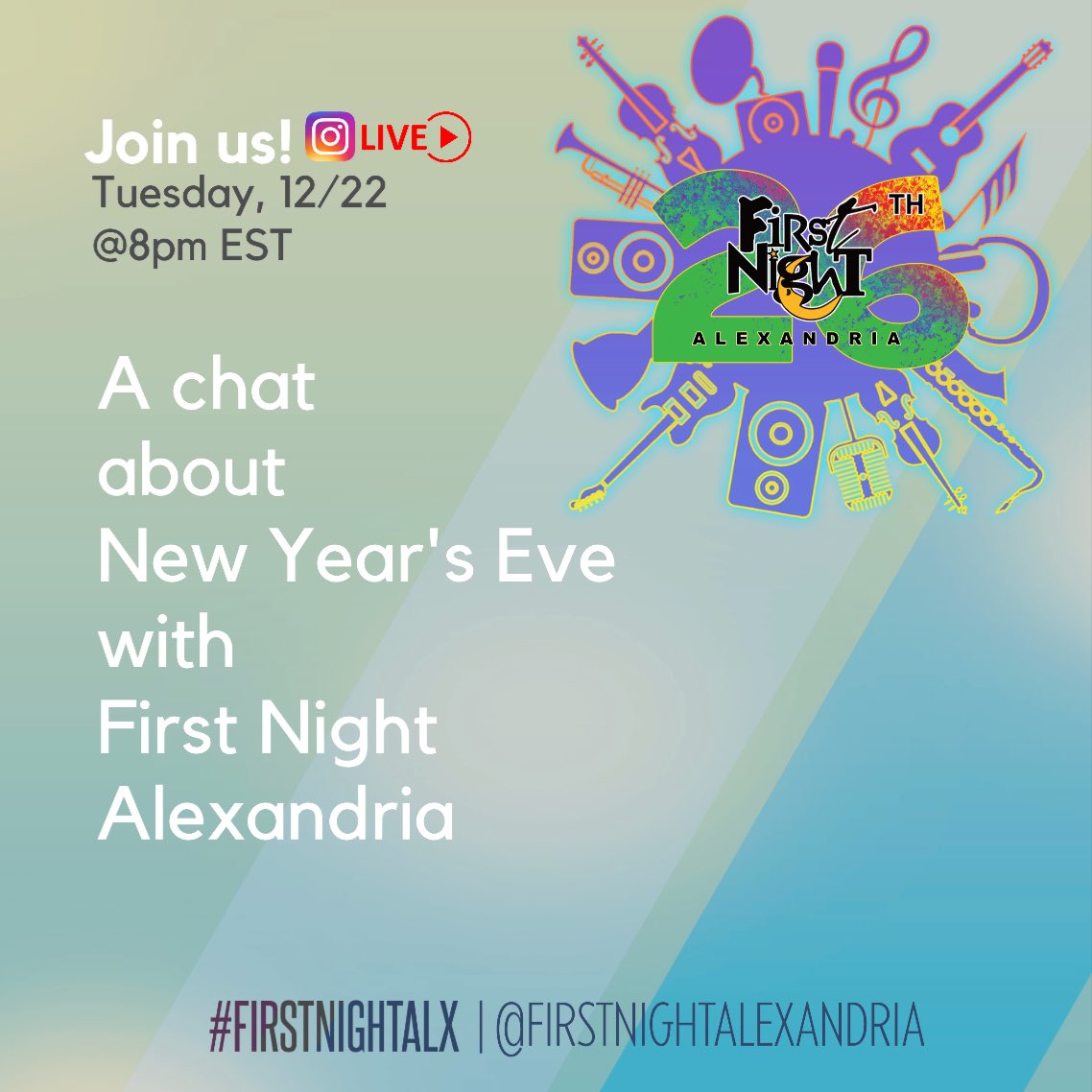 We’re talking all things First Night Alexandria Tuesday, Dec. 22nd. 7pm #IGLive 8pm #FBLive 

If you have your ticket, planning to purchase, or unsure about this year’s event, join us on Tuesday.

Can’t wait to see you.

#FirstNightALX #FirstNightALXchat #FirstNightALX2020