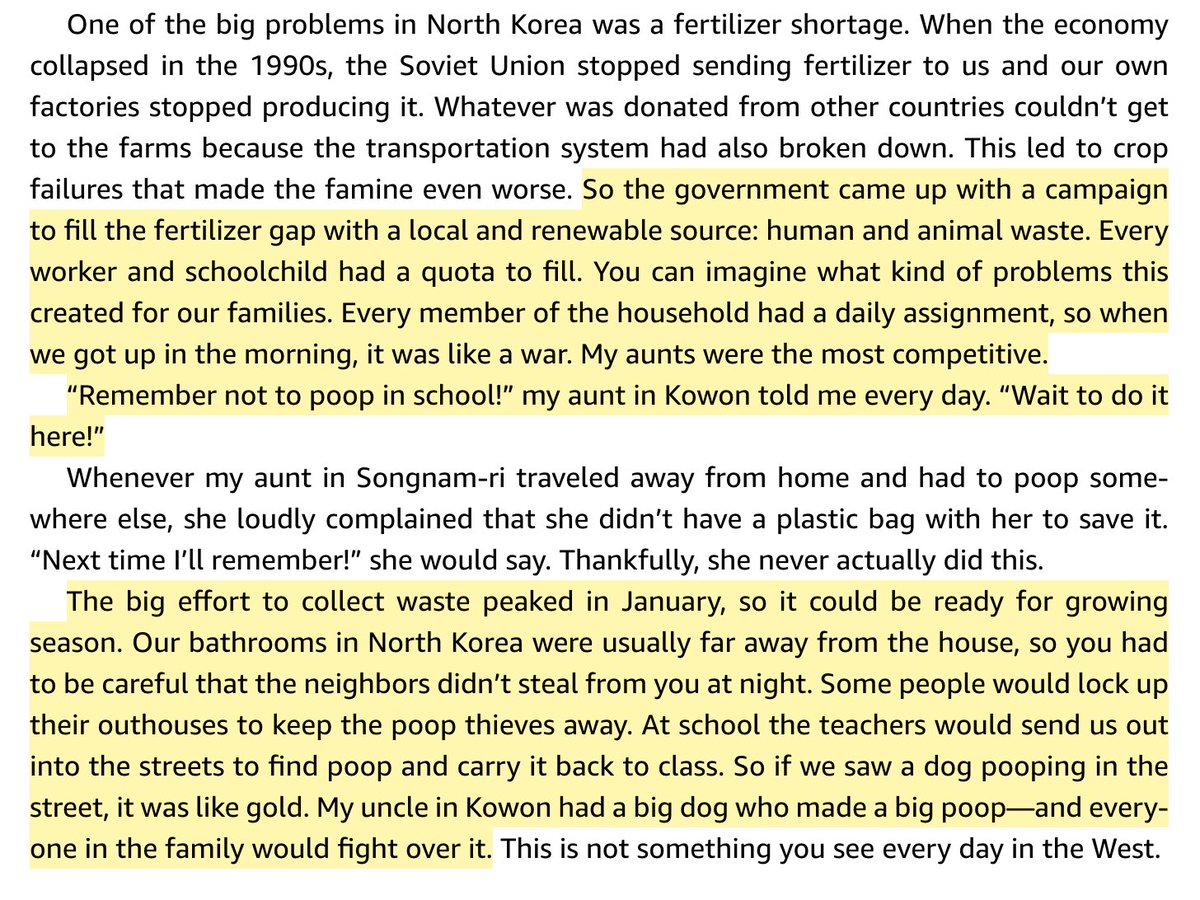 Night soil is still used in poor countries. In her memoir of life in North Korea,  @YeonmiParkNK recalls her government “poop quota.”Her aunt reminded her daily not to poop at school, but to save it for home. People would fight over poop, or steal it—some locked their outhouses.