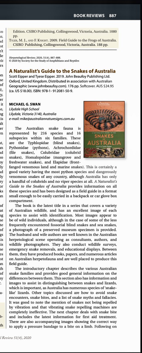 JB_Publishing's tweet photo. A lovely review for 'A Naturalist's Guide to the Snakes of Australia' in December's Herpetological Review-thank u @ssarherps "...should be included in the library of anyone with an interest in #Australiansnakes." #bookreview #snakes #australia #herpetology https://t.co/Acr9DmkRgv https://t.co/jHPELEOOhw