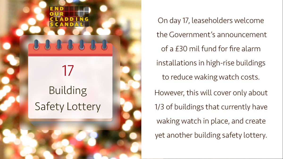 EOCS_Official's tweet photo. In case you hadn't seen the news... today's #Cladvent is all about the Government's new waking watch fund.
#EndOurCladdingScandal https://t.co/ekBTEU2Ti1