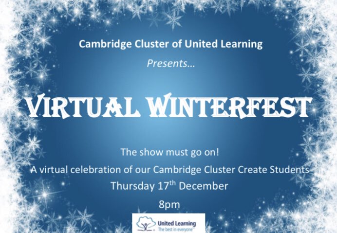CambsCreate's tweet image. 90 minutes until ‘curtain down’. Can’t wait to see you all. Don’t miss out on our virtual Winterfest. #Create2020 #winterfest #TheShowMustGoOn