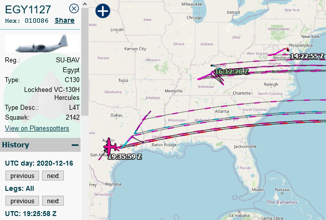SirListenalot's tweet photo. For some reason #Egypt|ian #C130's show unreliable altitudes and tend to appear at longitude 0. #EGY1127 flew yesterday from #KBWI / Baltimore to #KSKF / JBSA Kelly/Lackland via MORTY - FOXHL - OTTTO Q80 FAREV - BWG Q68 https://t.co/osndgAGYsx