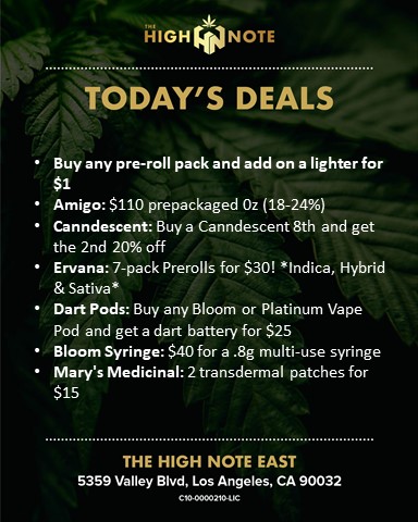 TheHighNoteCA's tweet photo. We're almost to the weekend and we have deals to keep you cruising through the rest of the week. Pick up some @ErvanaCraft @Amigocannabis @CANNDESCENT @thebloom_brand @marysmedicinals #SundaeSchool and much more!

#TheHighNote #Deals #Discounts #LegalWeed #JohnJezzini #EastLA https://t.co/2vIMUE1EgE