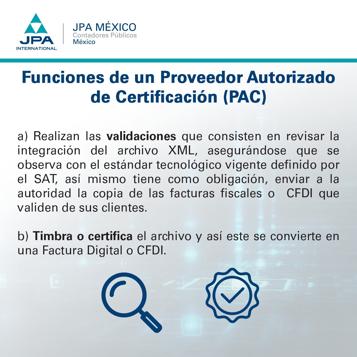 jpa_mexico's tweet photo. ¿Cuáles son las funciones y requisitos para ser un Proveedor Autorizado de Certificación (PAC)?
#JPAMexico #Contadorespublicos
#CFDI #Facturacion https://t.co/YxsPBHLW2j
