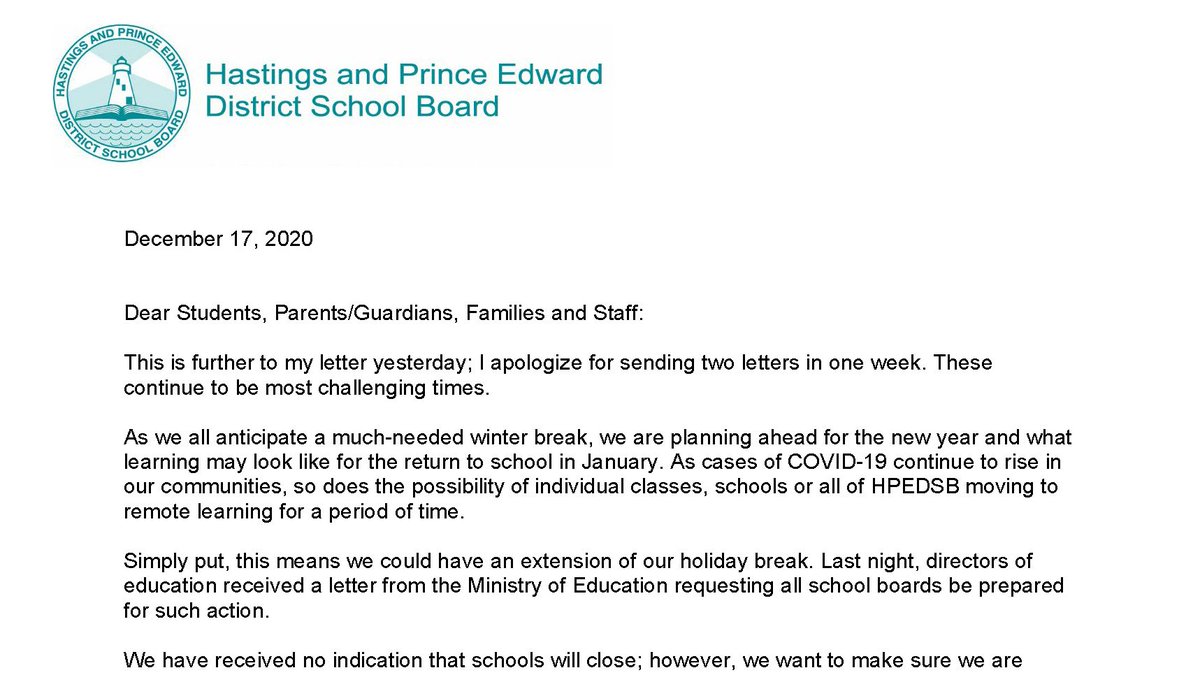 HPEschools's tweet photo. This afternoon, HPEDSB schools will be sharing with families the following letter from Director Sean Monteith, regarding the possibility not returning immediately to in-person learning in January. https://t.co/Mj5mJa8Yok