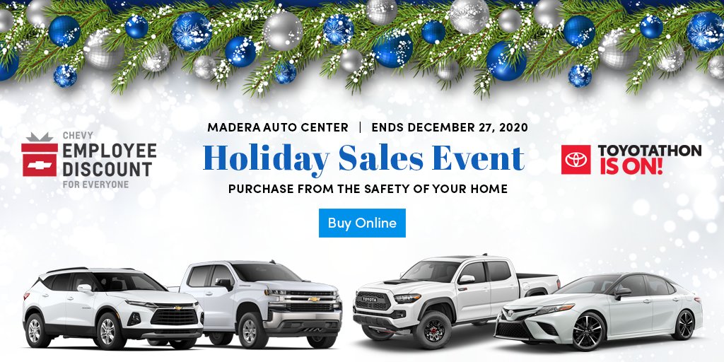 maderaauto's tweet photo. The Holiday Sales Event is going on now with amazing new Chevrolet, Toyota &amp; Pre-owned deals! Event ends December 27th. Hurry in before it's over! Shop now and BUY ONLINE: https://t.co/2pdRgxUCRd https://t.co/dZYG90kZBa