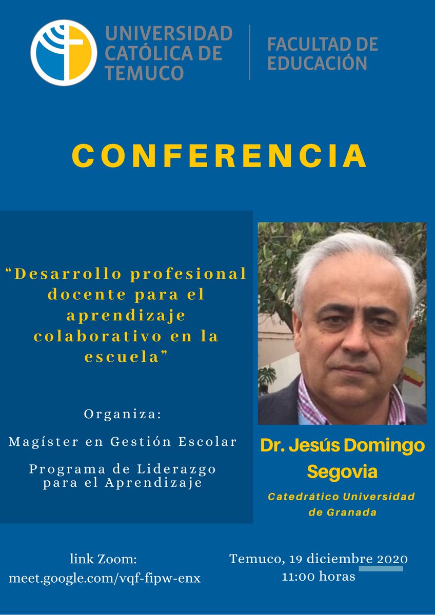 Este sábado 19 de diciembre nos acompañará el Dr. Jesús Domingo Segovia, catedrático de la Universidad de Granada <a href="/LiderApre_UCT/">Programa de Liderazgo para el Aprendizaje UCT</a> <a href="/EducacionUCT/">Fac. Edu. UC Temuco</a> 👇🏽