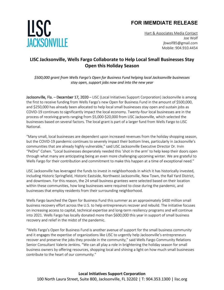 LISCJax's tweet photo. Relief on the way 4 #SmallBi #LISCJacksonville has received funding from @WellsFargo #OpenForBusiness Fund. $ will help them stay open & sustain jobs as #COVID19 impacts community. Exec dir, Dr. @IrvinPeDroCohen, “Local biz desperately needed this.." @LISC_HQ Read more. 👇 https://t.co/FyDEZo5AZj