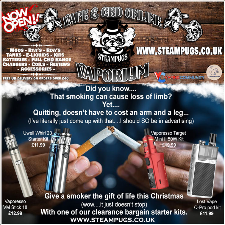 New years resolutions? 😤
Know any smokers that you really wish didn't? 🤢
Get your orders in this weekend for Christmas delivery.🎅
Plenty of low cost starter kits over at Steampugs in our clearance corner 🎁🎁🎉 Just click this link 👇👇👇 
steampugs.co.uk/.../clearance/…