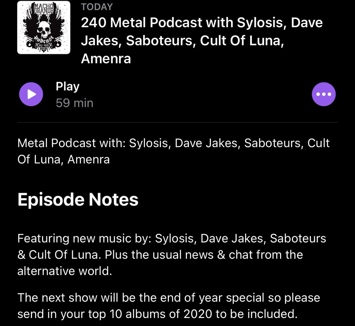 NEW PODCAST ONLINE!

This week we came in some chat and new music from <a href="/Sylosis/">Sylosis</a>, <a href="/davejakesmusic/">Dave Jakes</a>, @sabsbanduk &amp; <a href="/Cultofluna_off/">Cult of Luna</a> 🤘🏻

PS: Send in your 2020 top 10 lists to info@machograndepodcast.co.uk

Get all this plus the usual rock news free here:

podcasts.apple.com/gb/podcast/mac…