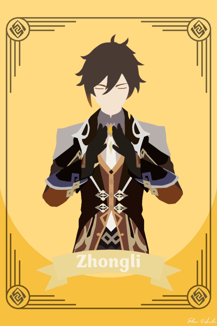 NebulaSlow's tweet photo. A Zhongli collectable card! Him on the front and his cubey thing on the back. 
#GenshinImpact #zhonglifanart #zhongli #原神 https://t.co/g6EPlB9FCe