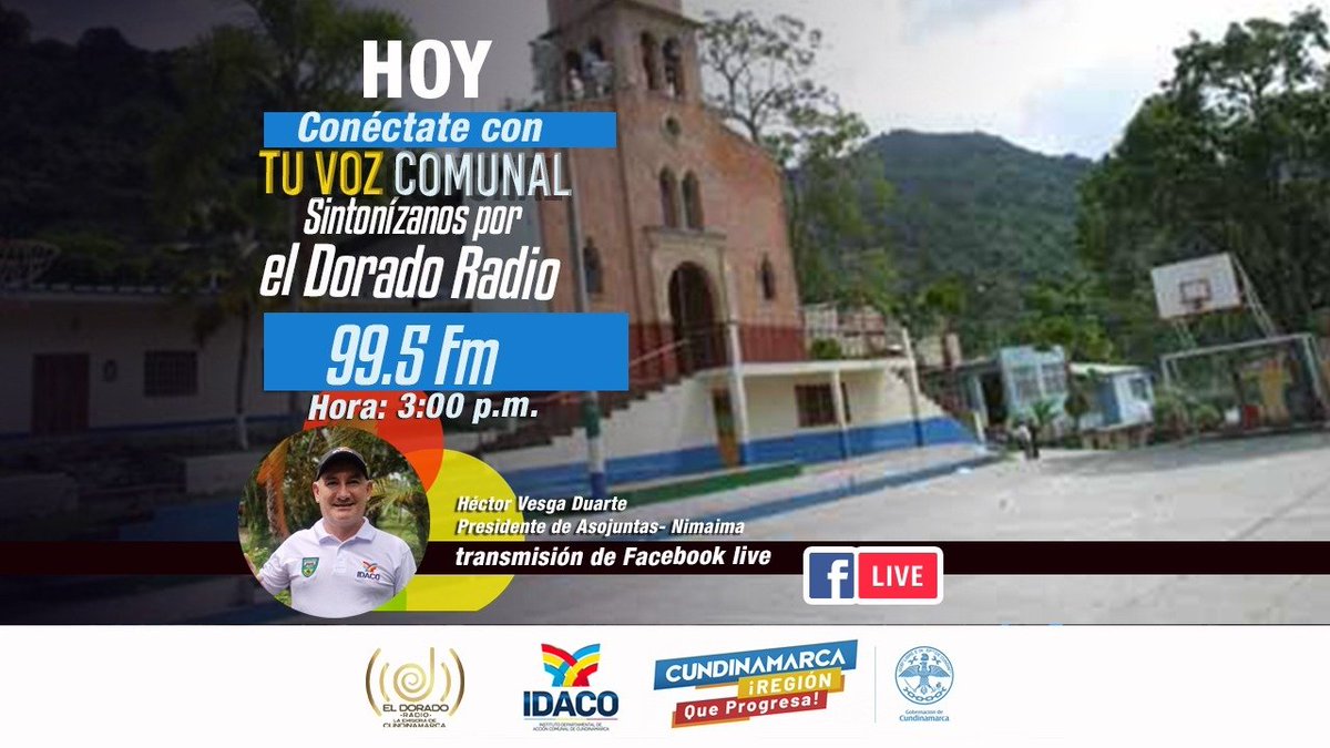 Idaco_Cundi's tweet photo. #TuVozComunal 📻|| Esta tarde a las 3:00 p.m. por 99.5 F.M @ElDoradoRadioCo no olviden sintonizarnos en nuestra última emisión del año 2020. Hablaremos sobre actualidad del #IDACO y tendremos como invitado el presidente Asojuntas de #Nimaima.
#Cundinamarca #RegiónQueProgresa https://t.co/UX3RwsMZml