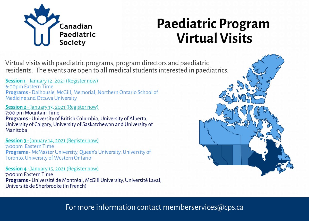 CanPaedSociety's tweet image. Calling all #MedStudents with an interest in paediatrics! We're setting up virtual visits with paediatric programs, program directors and residents in the new year. Check out the schedule and register here: ow.ly/k7lJ50COv2u #Paediatrics #Pediatrics