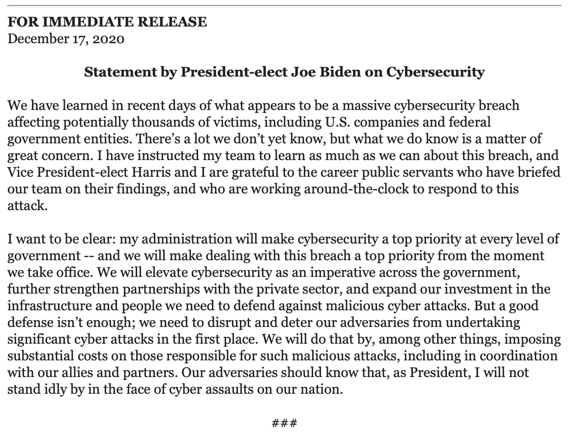 nedprice's tweet photo. .@JoeBiden: "I want to be clear: my administration will make cybersecurity a top priority at every level of government -- and we will make dealing with this breach a top priority from the moment we take office." https://t.co/6hMYcKcDaS