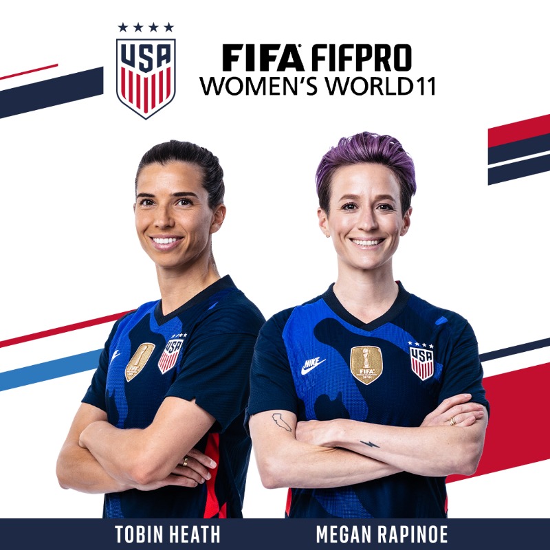 USWNT's tweet photo. Congrats to @TobinHeath and @mPinoe on being named to the 2020 FIFA @FIFPRO Women's #World11 ✨