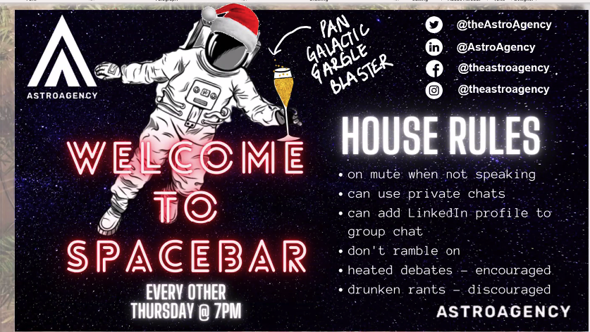 theAstroAgency's tweet photo. The bar is now open for the last session of 2020 & the @ScottishSpaceLC 'New Voices in Space' group have kicked off our first discussion panel π
#DiversityInSpace
#SpaceNetworking
#PositiveIsolation https://t.co/weNbWlnOG5