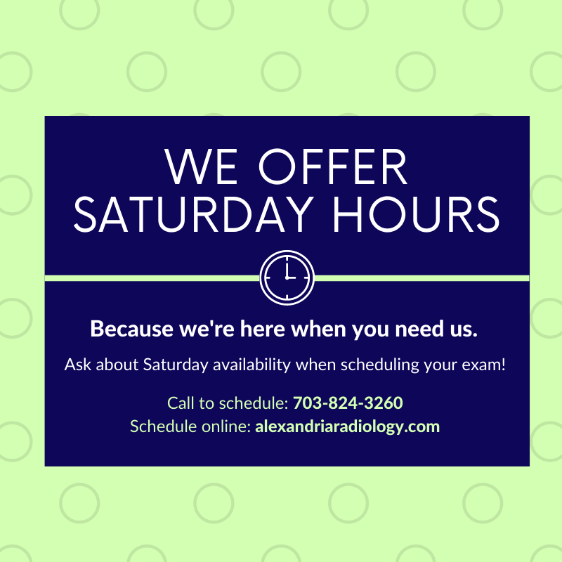It’s easy to schedule online at:
alexandriaradiology.com/web-scheduler. Or call our central scheduling phone line to speak with a member of our team: 703-824-3260.