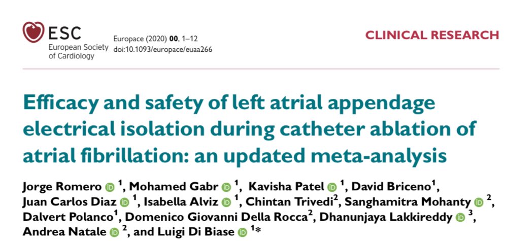 MGabrMD's tweet photo. LAAEI is safe and associated with higher improvement in freedom from all-atrial arrhythmia recurrence in non-paroxysmal AF; from our latest in EP Europace! @JorgeERomeroMD @kavishapatelmd @DavidFBricenoMD @isabellalviz @dogi84md @DJ_Lakkireddy @Andreanatalemd1 @LuigiDiBiaseMD https://t.co/P3KhgJZ8eR