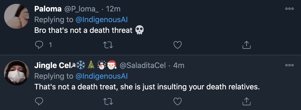 me: this is a death threatspaniards: no theyre just shitting on your dead ancestors. who they killed. on your tweet about genocide. where they're supporting genocide. and threatening to kill people.