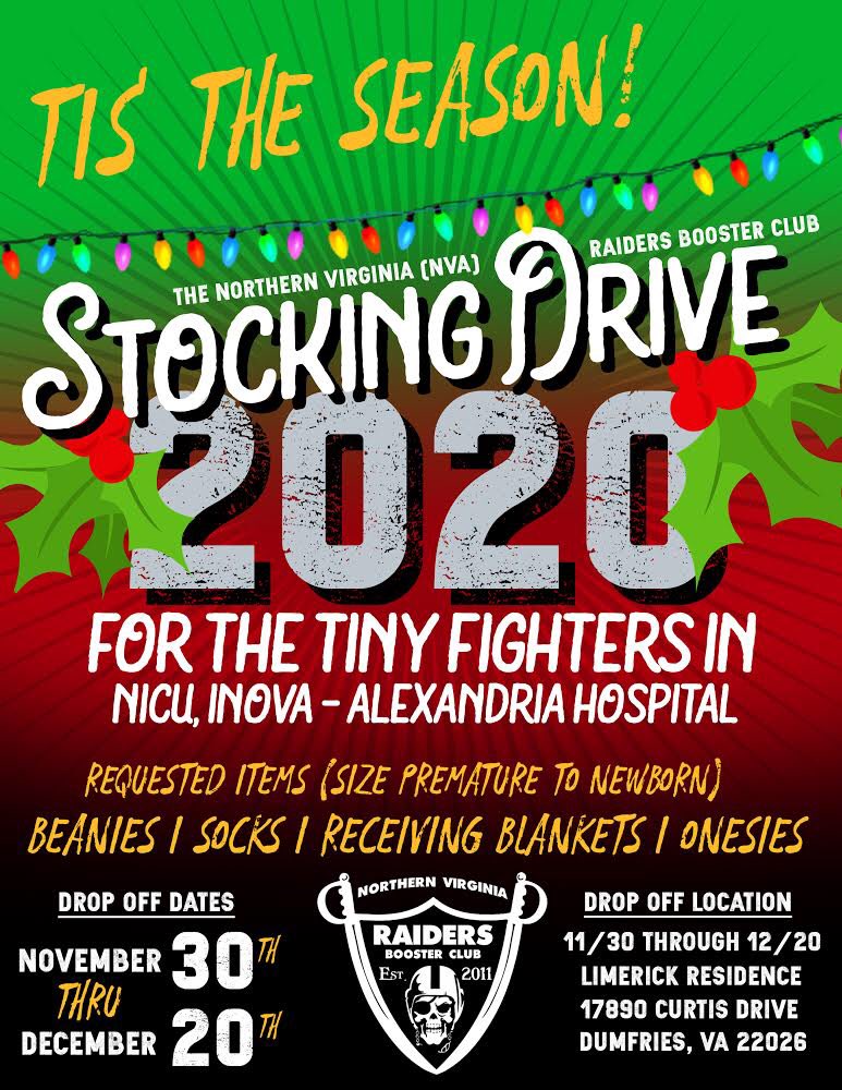NVARAIDERS2011's tweet photo. ☠️👶 5th Annual Stocking Drive 👶☠️
30 NOV-20DEC
🚨Drop off details in flyer🚨
• Requested items (size premature to newborn): BEANIES | SOCKS | RECEIVING BLANKETS | ONESIES
#babylove
#tinyfighters
#tinyfightersbigmiracles
#tistheseason 🎄
#raiders
#raidernation
#rn4l
#INOVA https://t.co/d78IFaSrqO