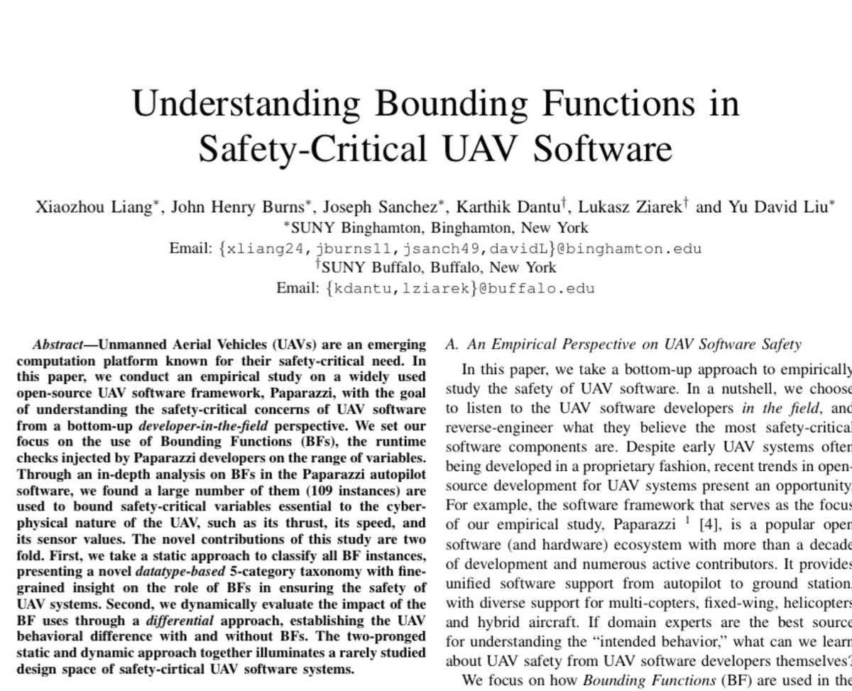 Our empirical study of an open-source drone software system, <a href="/paparazziuav/">PaparazziUAV</a>, will appear at  <a href="/ICSEconf/">ICSE</a>. Congrats to Xiaozhou, Jack, and Joe! This is joint work with <a href="/dkkarthik/">Karthik Dantu</a> and Luke Ziarek at Buffalo. This project has been exciting and fun!