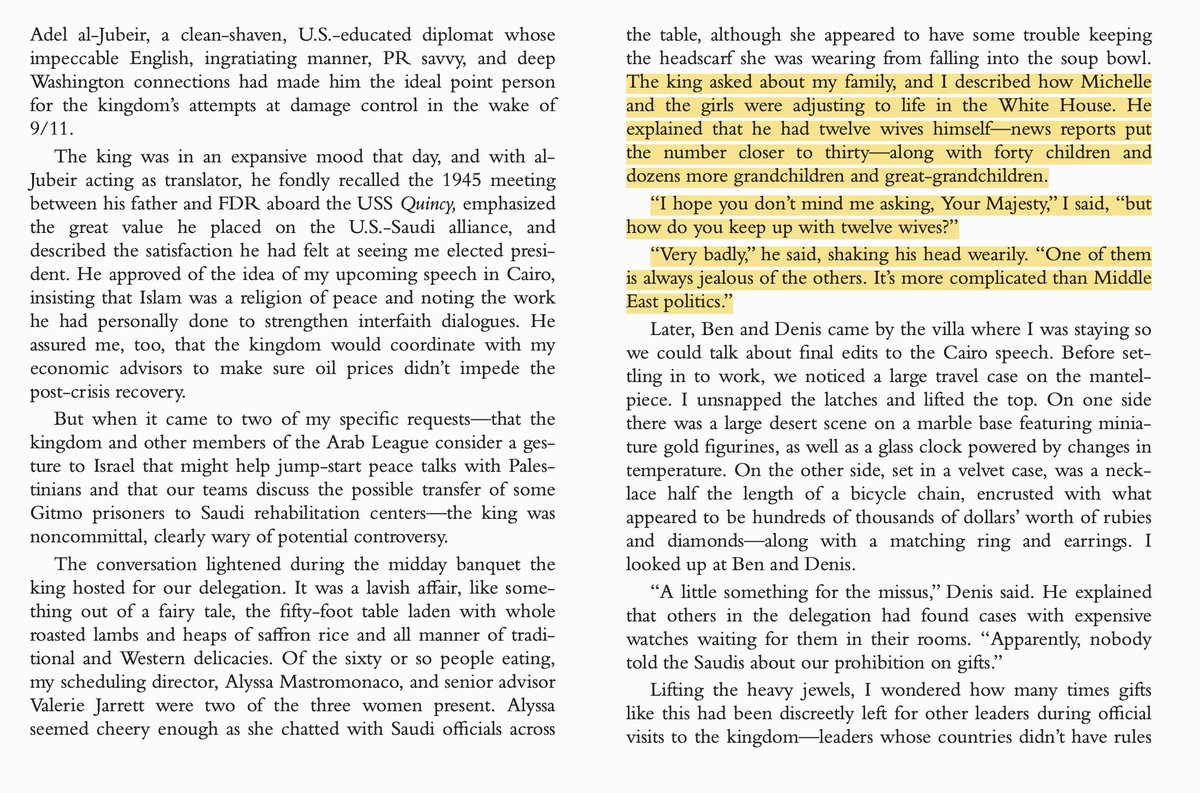 Obama's impressions of Saudi Arabia. Depressed that he was greeted by all men, no women or children, and women did not wear miniskirts like back in Indonesia. When he asked the king what it was like to have 12 wives, he replied it was "more complicated than Middle East politics."